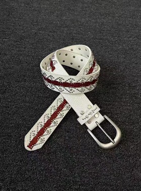 JUSSING「红河」中古小众vintage复古水钻铆钉腰带 y2k扣做旧皮带