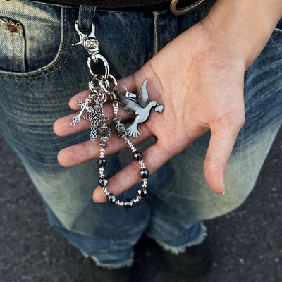 原创黑玉石灰飞鸽十字架腰间挂饰