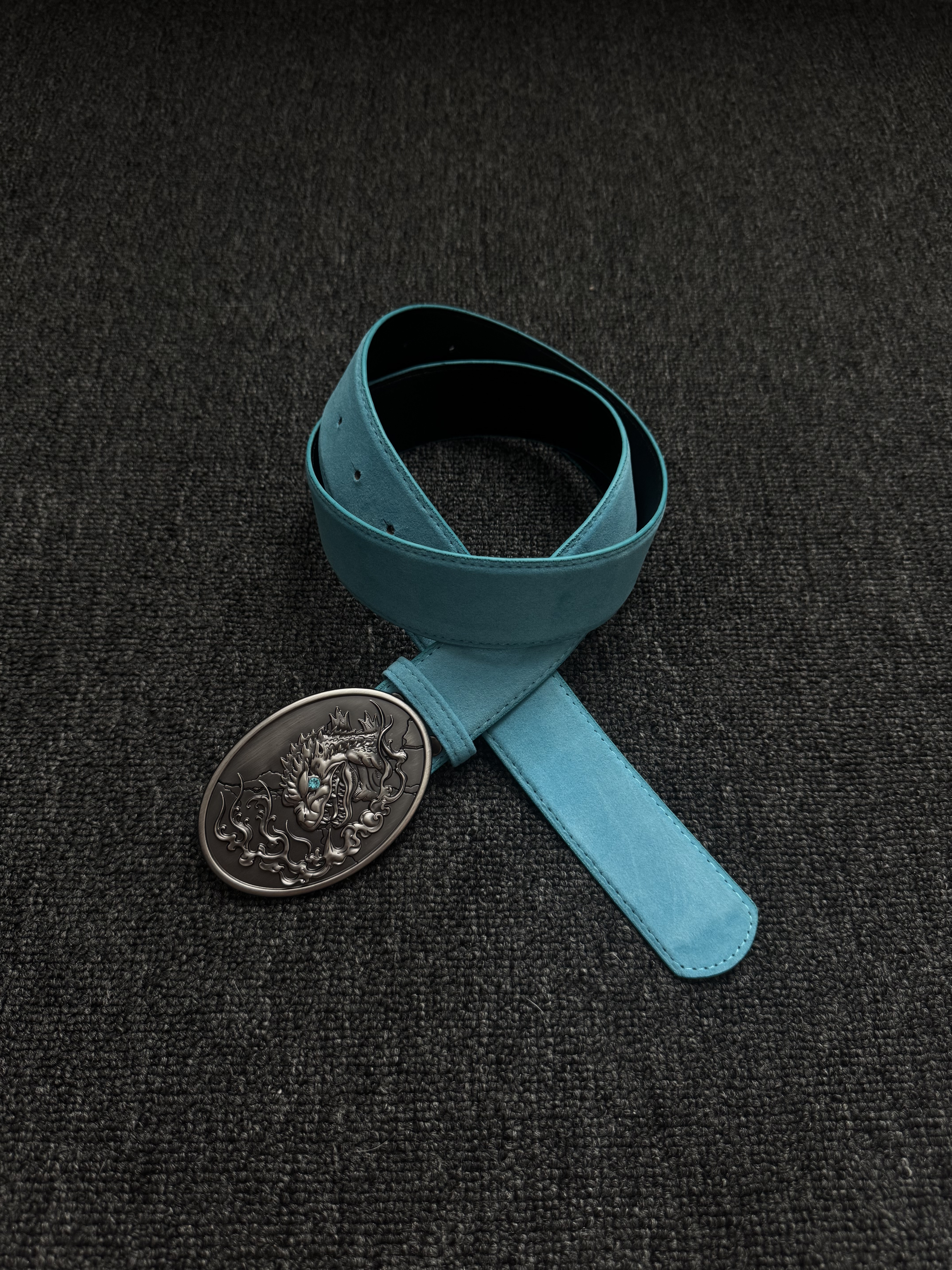 Jussung中古Vintage麂皮湖水蓝色金属扣腰带小众复古百搭男女皮带