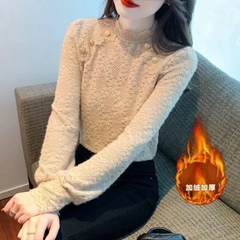 蕾丝打底a衫上衣秋冬季欧货女装2023新款内搭减龄漂亮加绒加厚小