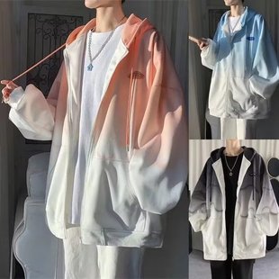 拉链外套春秋冬季 连帽卫衣男潮牌加绒渐变色开衫 ins宽松潮流衣服