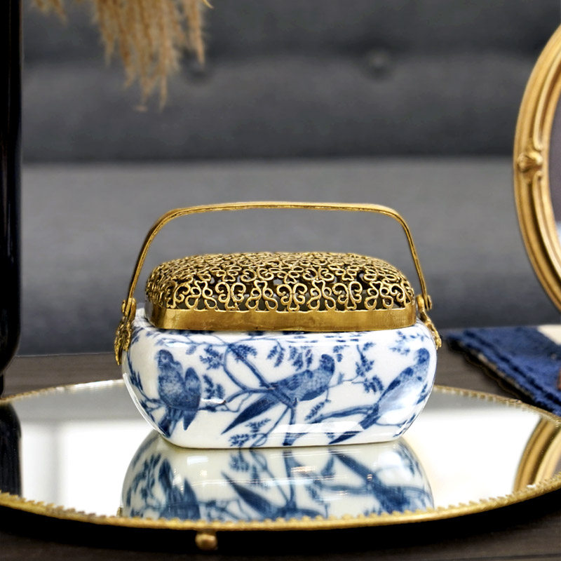 费灵家居青花陶瓷配铜手工首饰盒 装饰复古奢华收纳盒香炉摆件,家居饰品,饰品盒,淘宝优惠券,粉丝福利购,淘宝优惠卷