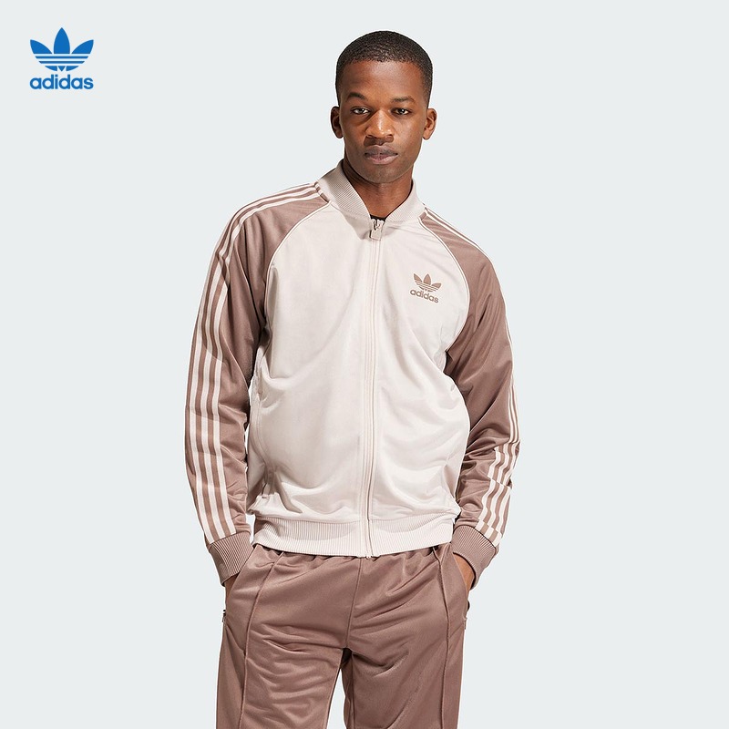阿迪达斯三叶草外套男经典条纹宽松休闲立领教练夹克棒球服IS3322