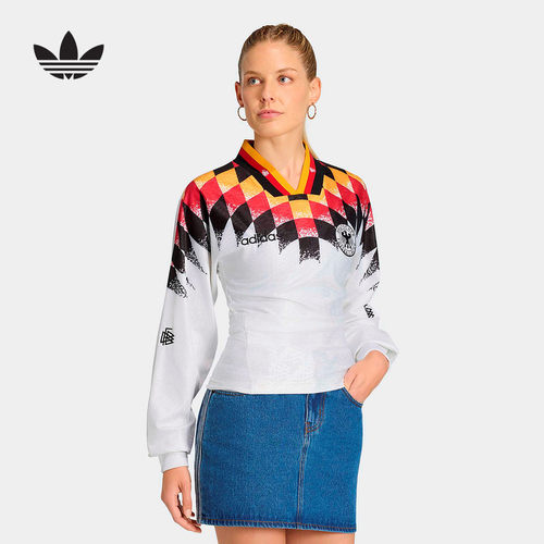 adidas阿迪达斯三叶草夏女德国队休闲文化运动V领长袖球衣 KE2287