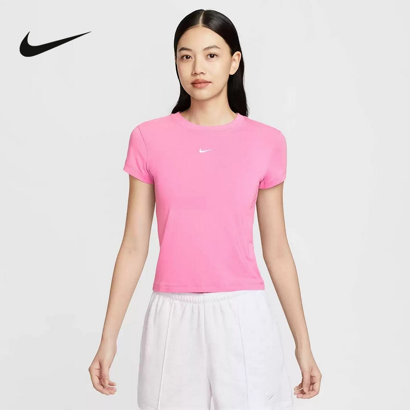 Nike耐克女短袖圆领透气高腰粉色运动紧身高腰Beby T恤FV5509-675