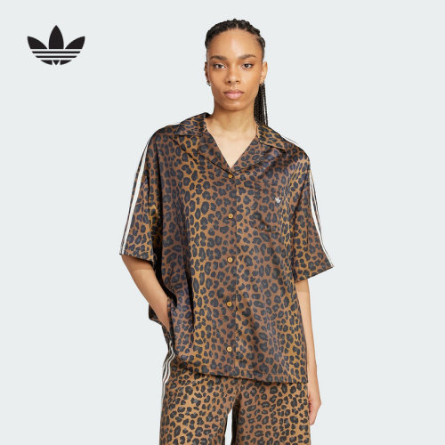 adidas阿迪达斯三叶草豹纹印花翻领T恤夏女纽扣短袖衬衫 KA2678