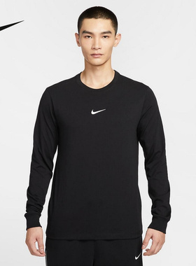 Nike耐克男子运动打底套头衫篮球印花纯棉黑色长袖T恤HV1771-010