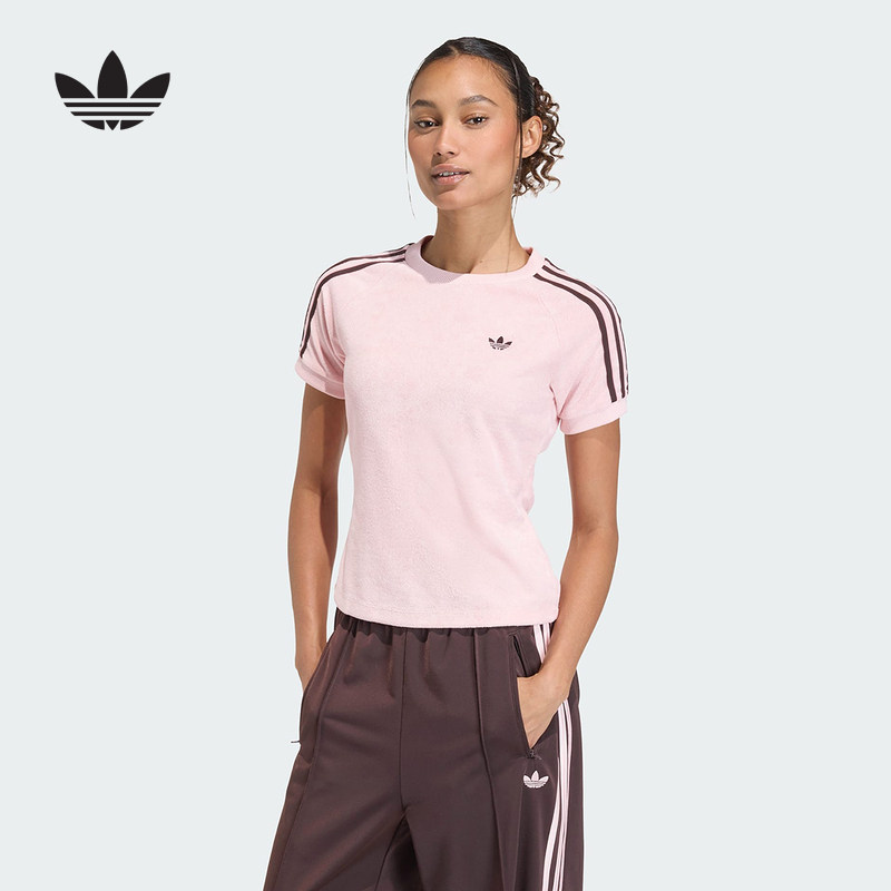 adidas阿迪达斯三叶草毛圈布T恤2026夏女休闲运动修身短袖 KD1410图片