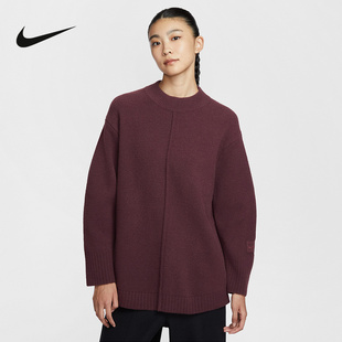 耐克女子加绒毛衣宽松落肩针织圆领套头衫 652 红色休闲保暖HV2081
