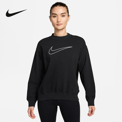 NIKE耐克女卫衣2026春新款刺绣大勾宽松圆领黑色套头衫DQ5543-010