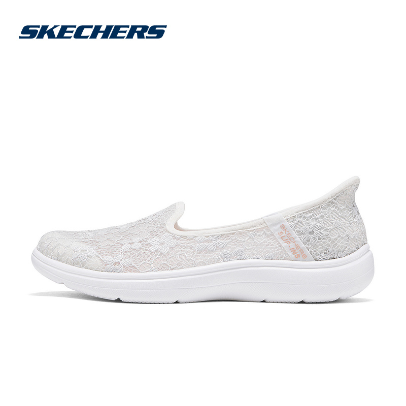 Skechers斯凯奇25夏女薄蕾丝一脚蹬浅口透气休闲健步鞋138363/WHT