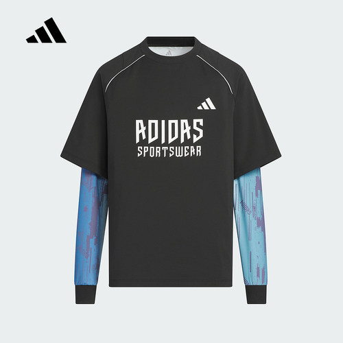 adidas阿迪达斯二合一长袖T恤2025秋季男大童圆领速干上衣 KC2548