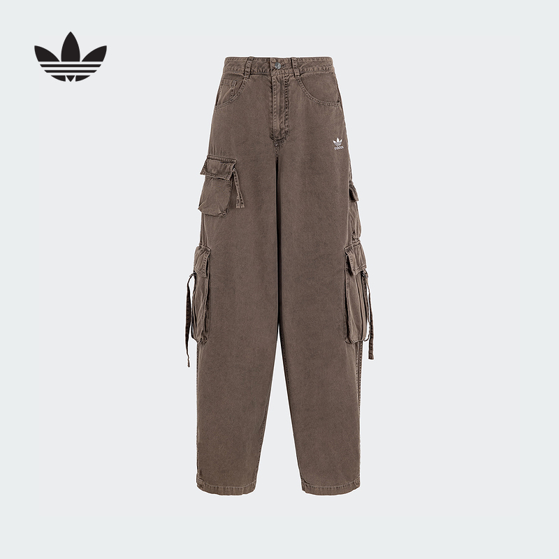 adidas阿迪达斯三叶草工装口袋运动裤2025夏女棉质牛仔长裤KD4113