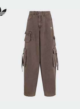 adidas阿迪达斯三叶草工装口袋运动裤2025夏女棉质牛仔长裤KD4113