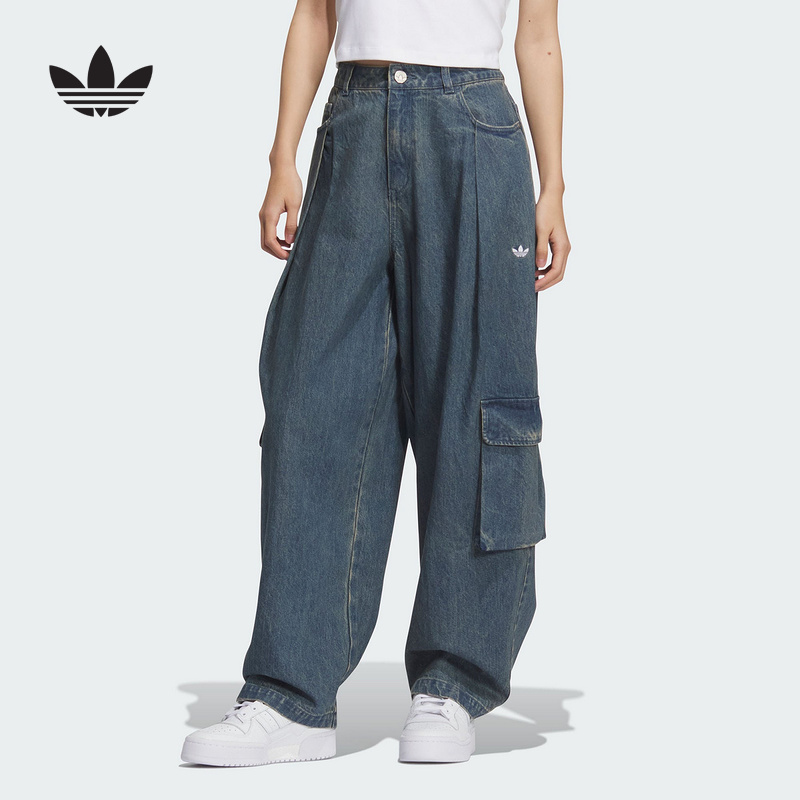adidas阿迪达斯三叶草牛仔多口袋工装裤秋女慵懒风舒适长裤KC5813