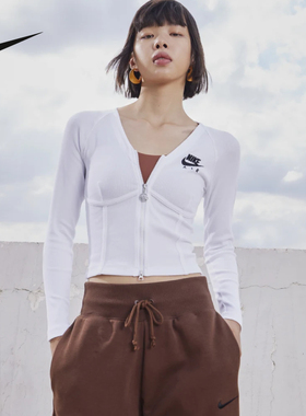 nike耐克女新款舒适短款休闲拉链紧身长袖T恤鱼骨上衣FD2377-100