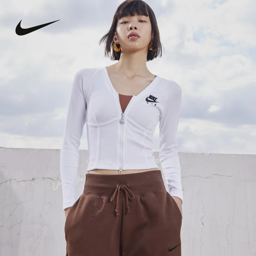 nike耐克女新款舒适短款休闲拉链紧身长袖T恤鱼骨上衣FD2377-100