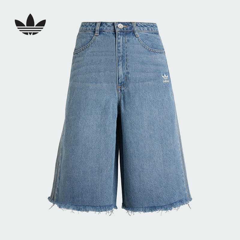 阿迪达斯三叶草牛仔短裤2025秋女DENIM JORT毛边潮流五分裤KB5432