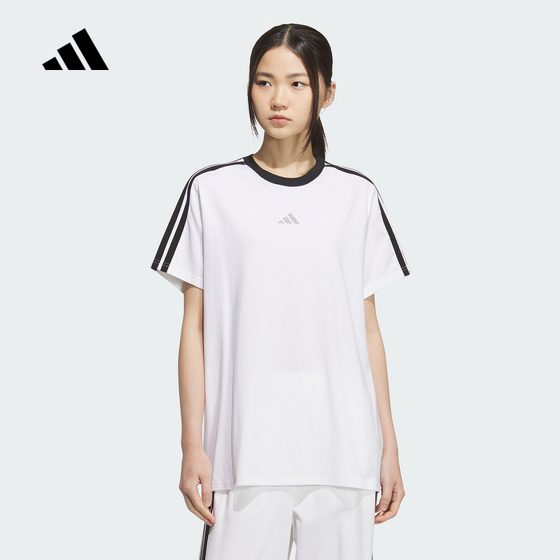 adidas阿迪达斯棉质宽松三条纹半截袖2025秋女休闲短袖T恤 KB7759