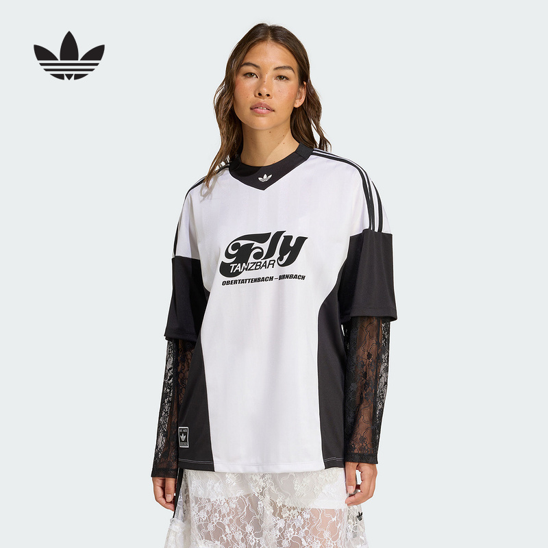 阿迪达斯三叶草蕾丝长袖女2025夏季新款美式1号圆领球衣T恤KD2297