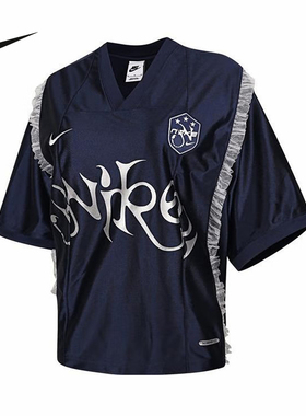 NIKE耐克女子复古风短袖球衣夏季宽松蕾丝印花运动T恤II1939-410