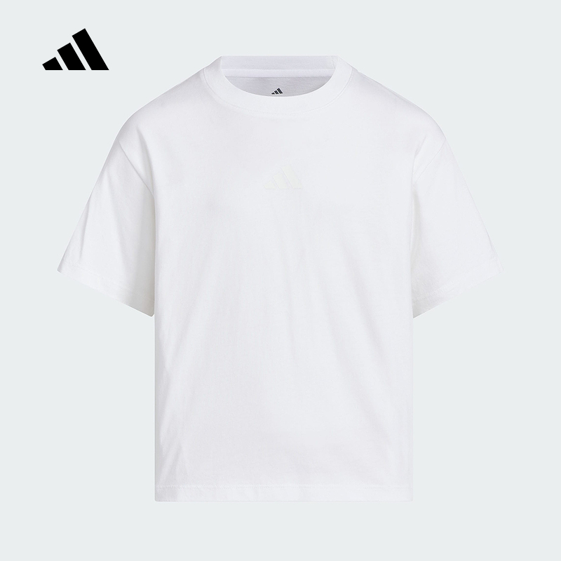 阿迪达斯2025夏新款女大童上衣棉运动休闲宽松短袖圆领T恤JL7542