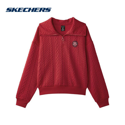 Skechers斯凯奇2025春女款复古针织套头翻领卫衣 L125W004-03LC