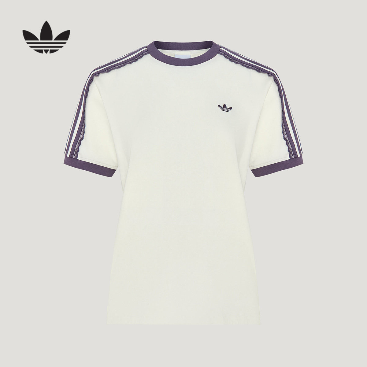 adidas阿迪达斯三叶草优雅蕾丝边三条纹半袖女修身短袖T恤 LF2332图片