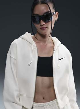 Nike耐克女子宽松短款全长拉链开襟卫衣加绒连帽衫白色HJ0941-133