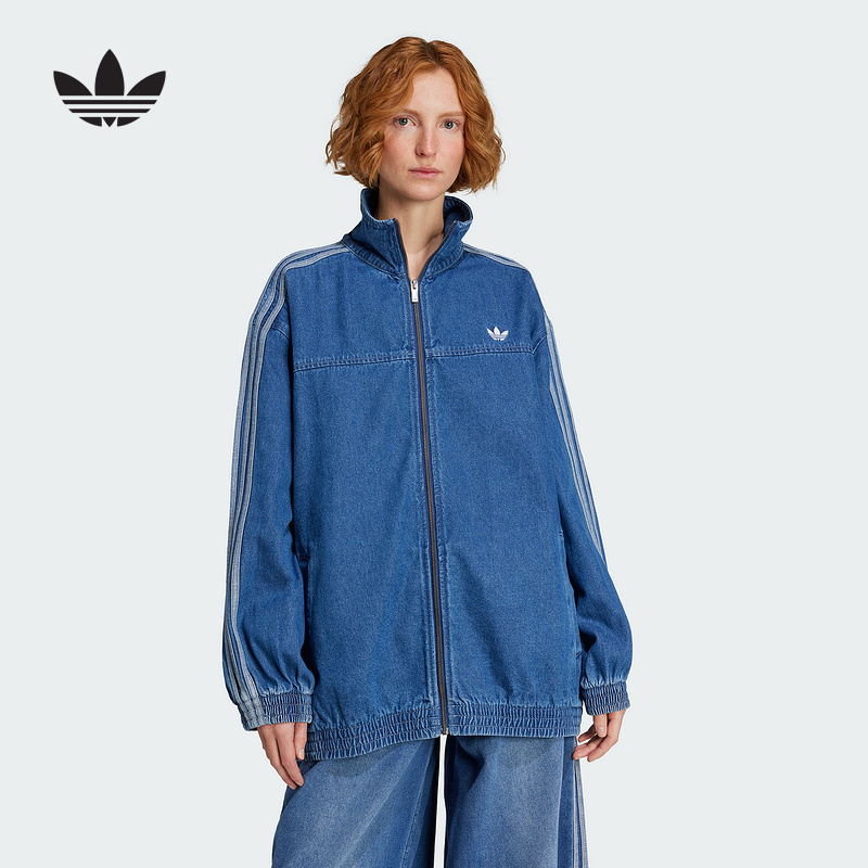 Adidas三叶草女装夹克经典三条纹宽松复古休闲运动牛仔外套JY2896