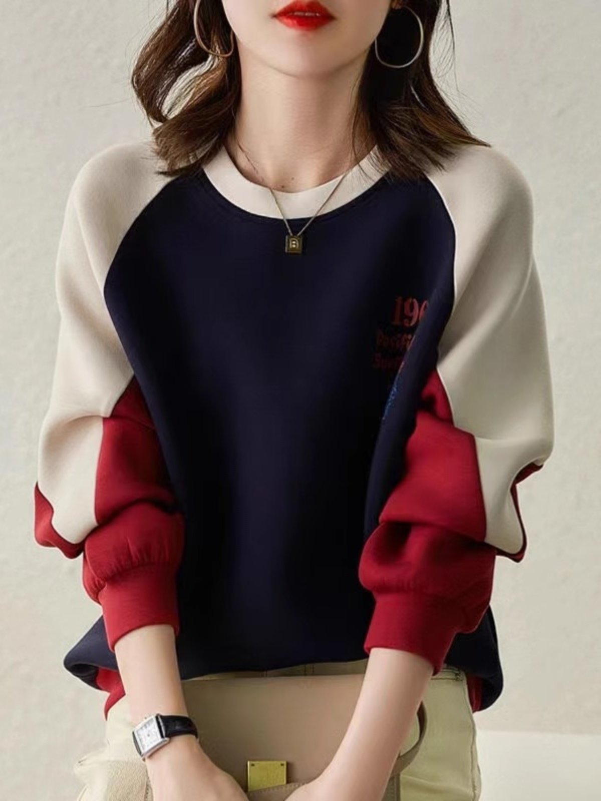 Clearance Sale: Brand Export Cut Label Women's Spring and Autumn Color Block Pullover Hoodie Printed Long Sleeve Top