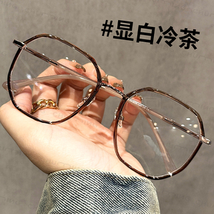 韩系冷茶色多边框眼镜近视女可配度数素颜神器大框显脸小眼睛镜架