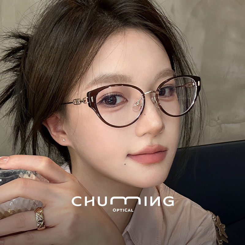 韩系茶色猫眼框眼镜近视女可配有度数适合方圆脸高级感素颜眼睛架