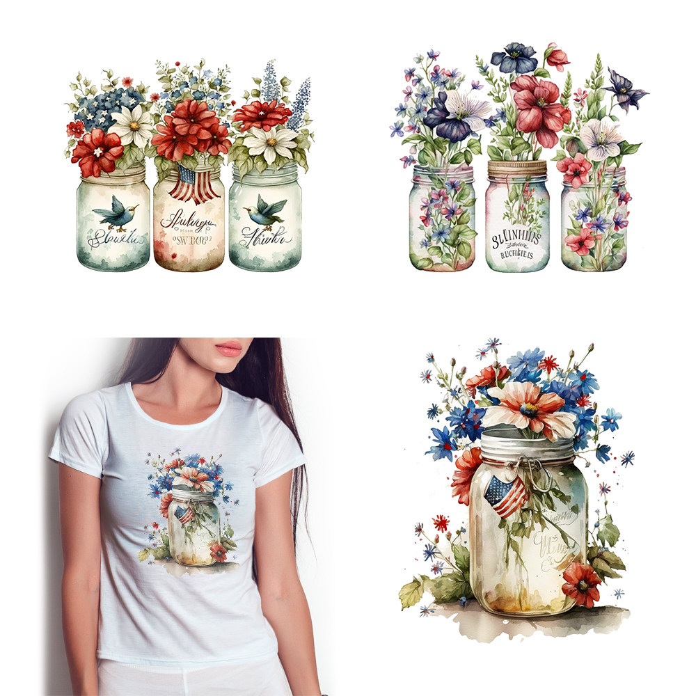 鲜花花束梅森罐剪贴画手绘水彩玻璃罐装饰烫画贴情侣衣服印花热烫