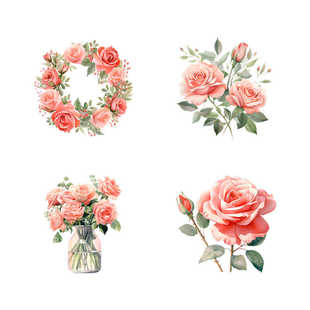 水彩珊瑚玫瑰T恤印花女装热转印烫画服装辅料装饰胶印贴纸