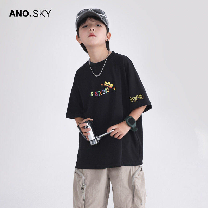 anothersky【潮透气】男童夏季黑色纯棉短袖T恤2026新款运动上衣