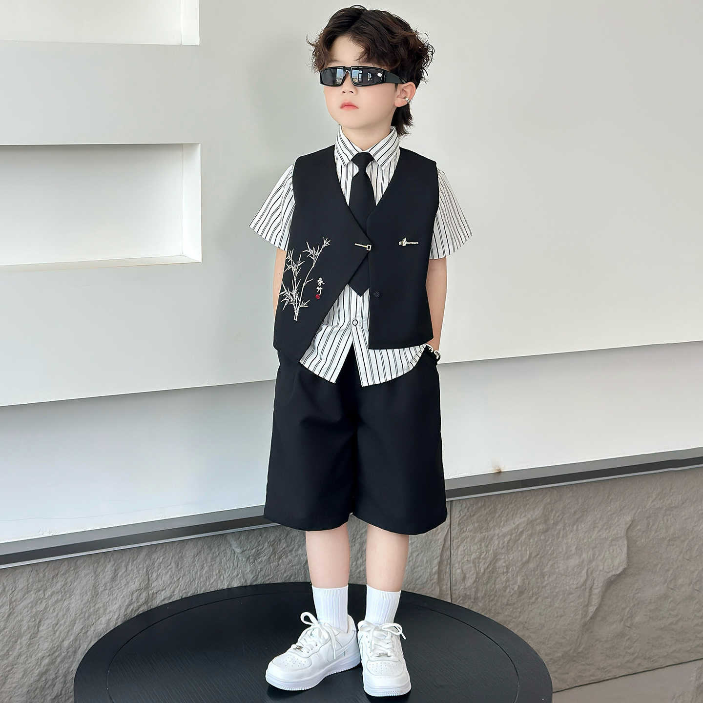 韩国Uamtor男童礼服夏季薄款儿童西装国风短袖套装六一中式演出服