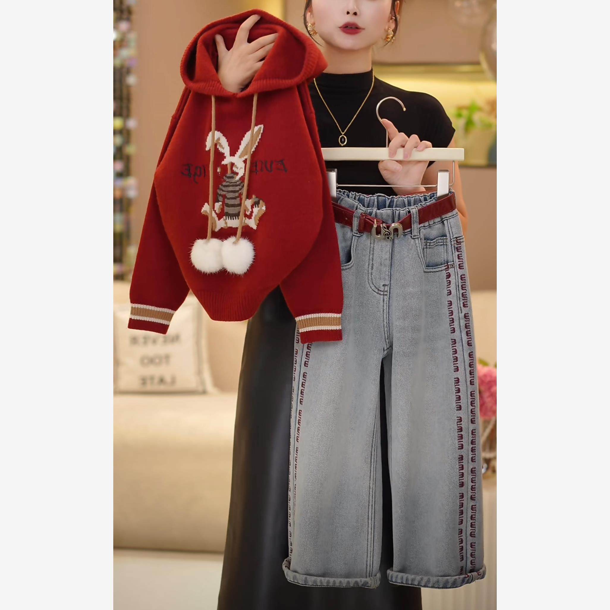 法国BADNUT女童毛衣套装秋冬2025新款儿童红色针织加绒牛仔裤