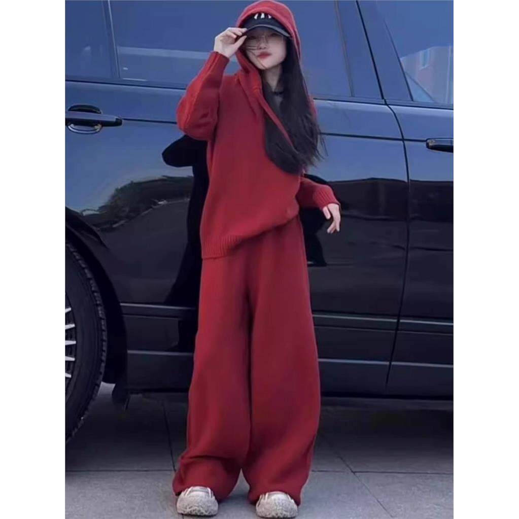 法国Uamtor女童2025秋季新款休闲套装儿童红色连帽针织秋装两件套