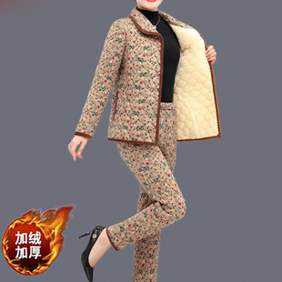 保暖家居服棉衣棉裤 妈妈冬装 中年女大码 棉服套装 碎花加绒加厚时尚