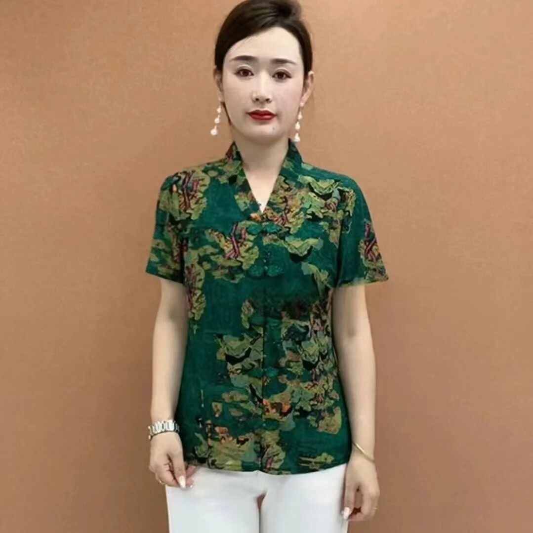 冰丝短袖T恤女套头夏季国风盘扣图片