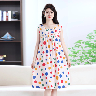 新款 人造棉连衣裙妈妈装 绵绸睡裙女无袖 中长款 洋气在家穿 大码 夏季