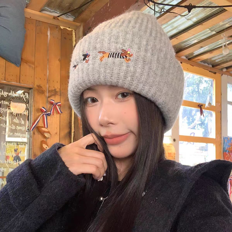 韩版可爱小狗毛线帽女冬季百搭大头围帽子围巾两件套保暖防寒冷帽