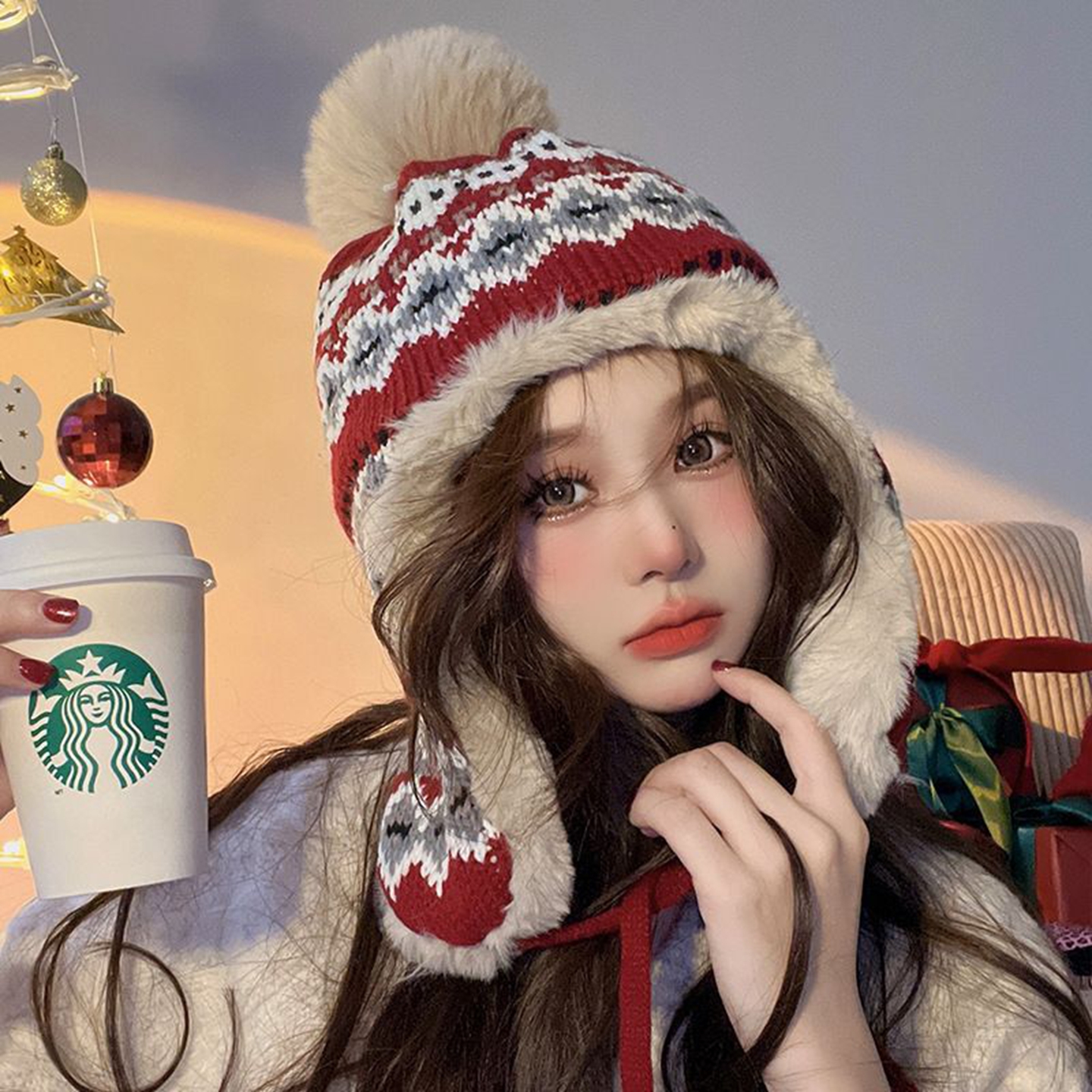 哈尔滨加绒保暖帽子女秋冬加厚防风护耳雷锋帽毛线帽东北旅游防寒