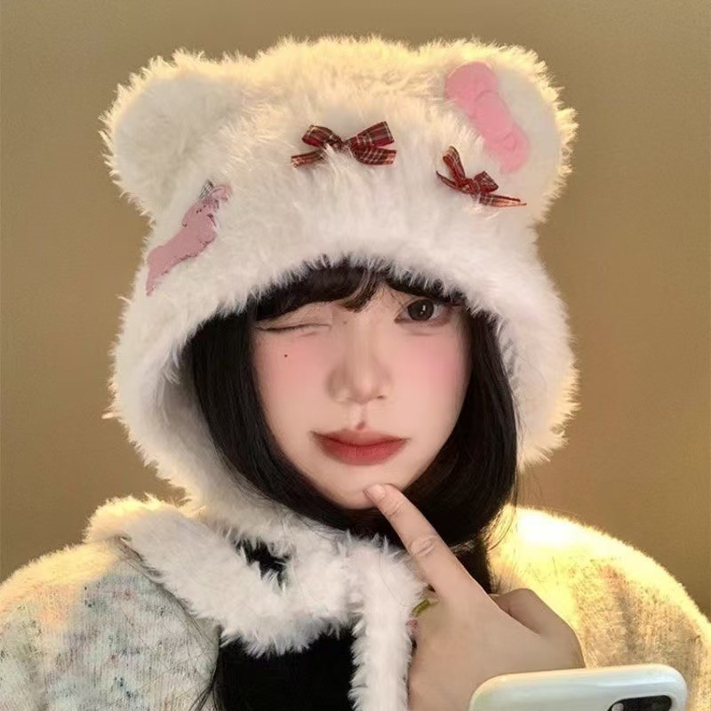 可爱卡通小熊耳朵帽子蝴蝶结毛绒帽女秋冬户外百搭保暖护耳雷锋帽