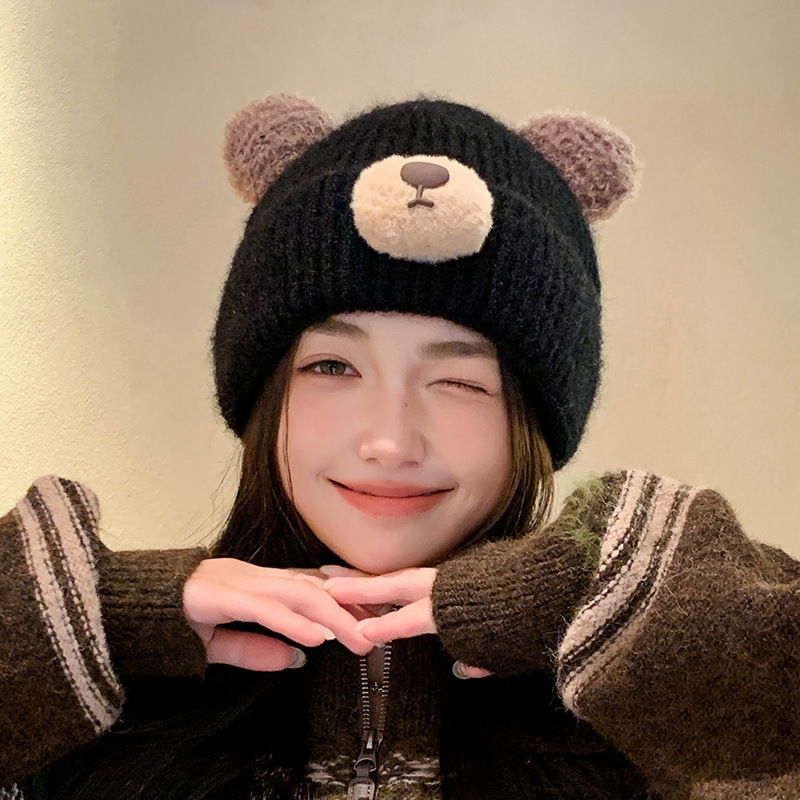 可爱小熊耳朵帽子女2025新款秋冬季大头围毛绒保暖加绒毛线针织帽