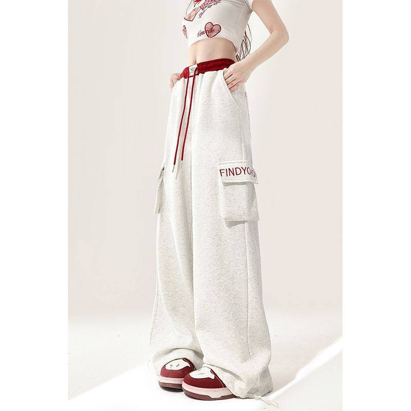 灰色美式复古运动卫裤女款春秋季直筒休闲裤阔腿工装爵士舞裤子女,女装/女士精品,卫裤,淘宝优惠券,粉丝福利购,淘宝优惠卷