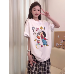 日系仿刺绣卡通印花纯棉t恤夏季 韩版 hiphop宽松百搭圆领白色上衣