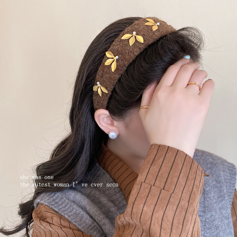 美拉德毛呢宽边发箍女金叶高级感高颅顶头箍时尚发卡新款气质头饰