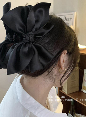 大蝴蝶结很显头~缎面黑色发抓鲨鱼夹女发夹后脑勺发量多发卡抓夹